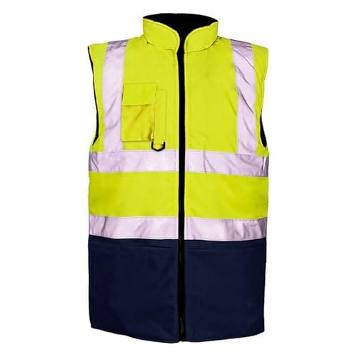 Image of MyShoeStore Hi Vis Bodywarmer Reversible Fleece Lined Waterproof Gilet with Reflective Strips, Yellow/Navy, L
