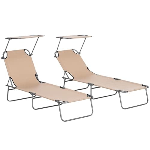 Image of Outsunny Folding Sun Lounger Set of 2 with Canopy, Reclining Sunbed with 4-Position Adjustable Backrest, 600D Oxford Cloth, Portable Garden Lounger Recliner Chair for Beach, Camping, Patio, Sand