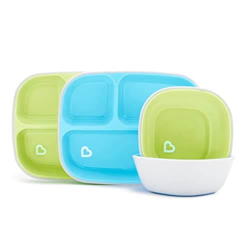 Image of Munchkin 4 Piece Toddler Divided Plate & Bowl Dining Set - Baby Weaning Dishes for 6+ Months, BPA Free - Blue/Green
