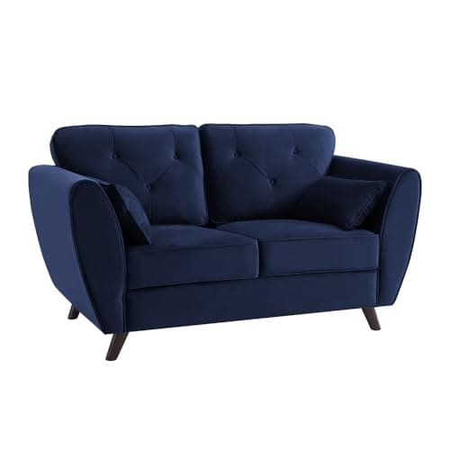 Image of Home Detail Fabric Sofa as 2 Seater Sofa and 3 Seater Sofa Size, Linen or Velvet Couch with Matching Cushions & Wooden Legs (Blue Velvet, 2 Seater)