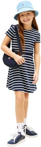 Image of Tommy Hilfiger Girl's Essential Punto Skater Dress Ss KG0KG09149 Dresses, Blue (Dark Night Navy Stripes), 3 Years