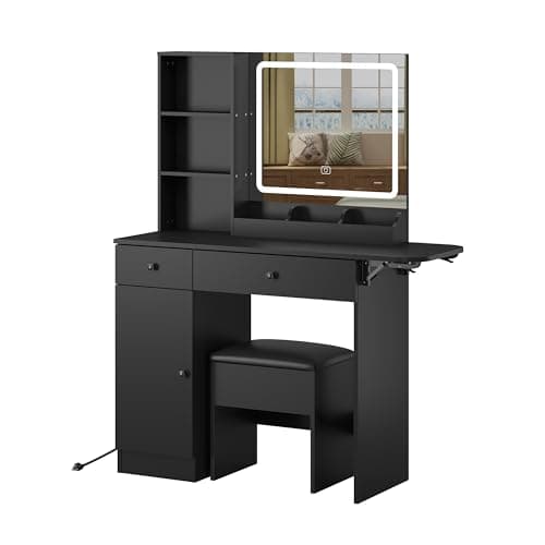 Image of Vanity Desk Set with Fold-up Panel, 2 Drawers & 1 Cabinet Makeup Table with Mirror and LED Lights Power Outlet, Storage Cushioned Stool, Dressing Table for Bedroom (Black)
