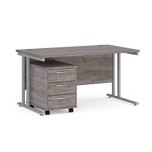 Image of Mr Office Maestro 25 straight desk - with silver cantilever frame and 3 drawer pedestal, Grey oak, 1400
