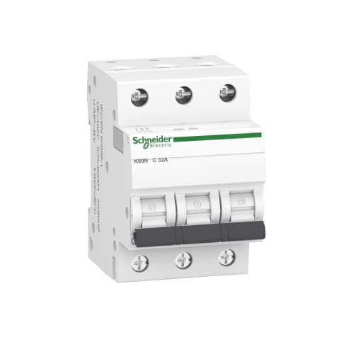 Image of Schneider Electric A9K02332 Circuit Breaker K60N 3P, 32A, C Characteristic, 6kA, White, 32 Amp C