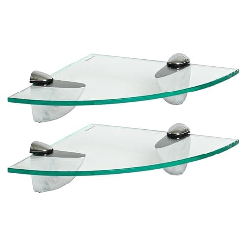 Image of Harbour Housewares Floating Glass Wall Corner Shelves - 20cm - Pack of 2 - Shelving Storage Vanity Display Shelf Unit with Silver Brackets for Bathroom, Shower, Kitchen, Living Room
