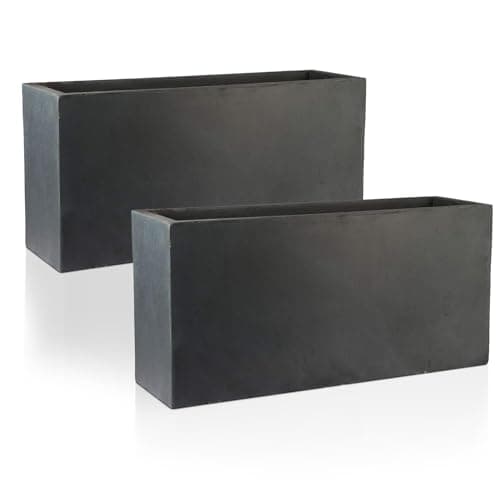 Image of IDEALIST Set of 2 65cm Large Trough | Dark Grey Reinforced Stone Rectangle Plant Pot | Garden Planters with Drainage Holes L65 W19 H30 cm, 37 litres
