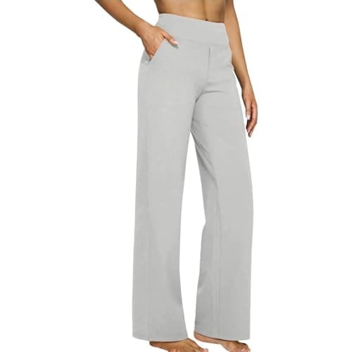 Image of High Waist Straight Leg Trousers Women Stretch Tummy Control Solid Color Yoga Workout Pants Soft Cozy Gym Jogging Walking Work Activewear Bottoms Ladies Casual Smart Trousers with Pockets White