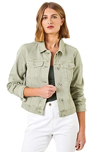Image of Roman Originals Jean Denim Jacket for Women UK Ladies 100% Cotton Summer Casual Stretch Crop Smart Utility Trucker Biker Fitted Vintage Wash Faded Classic Work Twill - Sage - Size 10