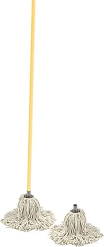 Image of Sterling Ventures Cotton String Mop Head Set Of 2 (PY14 - Yellow) and Wooden Handle 120cm Replacement Heads for Domestic and Commercial Cleaning for House Indoor & Outdoor