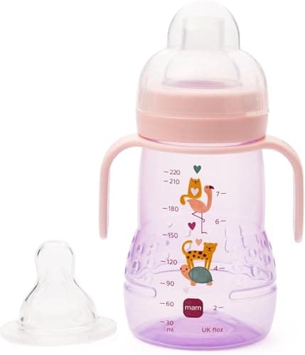 Image of MAM Trainer+ Baby Bottle | 1 Pack (1 x 220ml) | Suitable from 4+ Months for Independent Drinking | Comes with Free Fast Flow MAM Teat Size 3 | Spill-Free | Pink (Various Designs)