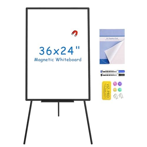 Image of VIZ-PRO Magnetic Whiteboard Easel Black, 90 x 60 cm, Portable Dry Erase Board Height Adjustable for School Office and Home