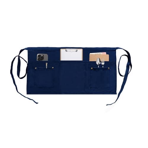 Image of MIKI WELL Waitress Apron with 5 Pockets - Dark Blue Waist Apron Short Half Work Aprons for Waitress Waiter Women Men Chef (Dark Blue)