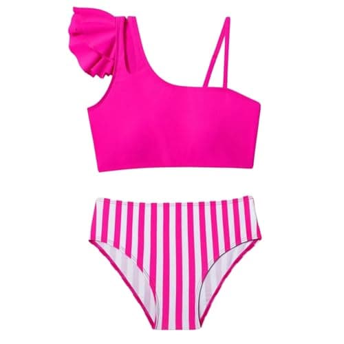 Image of Xumplo Girls Swimming Costume Kids Bikinis Set Teens 2Pcs Pink Stripe Bathing Suit with Adjustable Strap Swimsuit 12-13 Years