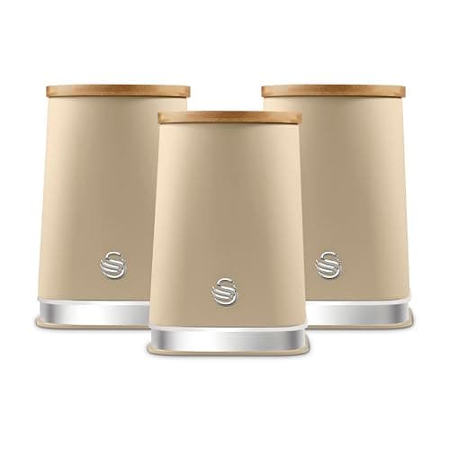 Image of Swan Nordic SWKA18524OAT Set of 3 Kitchen Storage Canisters for Tea, Coffee, and Sugar with Non-Slip Bases Durable Iron Body with Soft Touch Matt Finish and Chrome Trims, 1.3L, Oatmeal