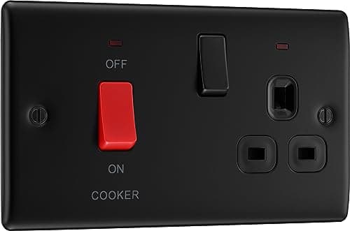 Image of BG Electrical Cooker Switch with Socket and LED, Cooker Control Unit, Control Socket, Double Pole, Raised Profile, Round Edges, Nexus Metal, Matt Black, 45A, NFB70B