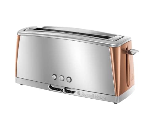 Image of Russell Hobbs Long Slot 2 Slice Luna Toaster with faster toasting Technology (6 Browning levels, Defrost/Reheat/Cancel function, Lift & Look feature,) 1420W, Stainless Steel with Copper accents, 24310