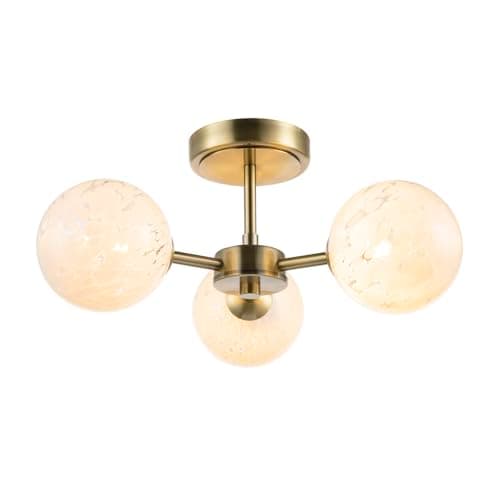 Image of Happy Homewares Designer Antique Brass Semi Flush Ceiling Light with White Confetti Snowflake Glass Shades | 19cm x 39cm | 3 x 5w G9 | Class 2 Double Insulated