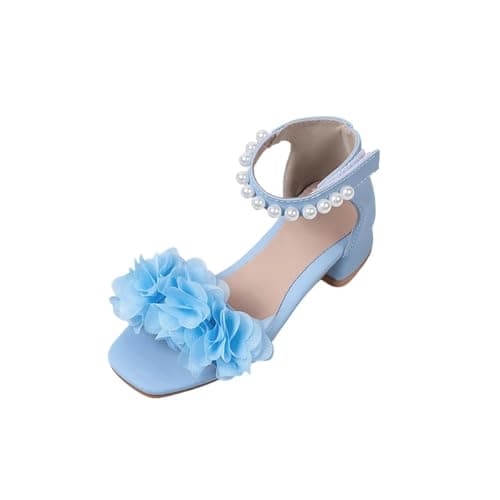 Image of Saxrel Blue Cute Accents Ankle Strap Girls Sandals Low Heel Dress Shoes - Non-Slip Princess School Shoes Soft Sole Kids Sandals for Wedding Birthday Party Performance UK Size 2