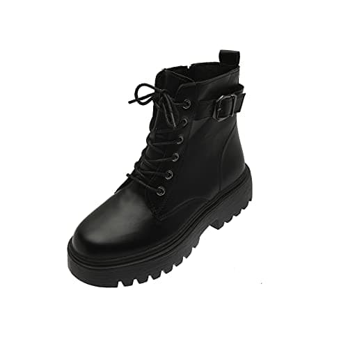 Image of Womens Lace Up Ankle Boots Retro Waterproof British Style Shoes Casual Comfortable Low Heeled Classic Side Zipper Belt Buckles Short Biker Boots Outdoor Autumn