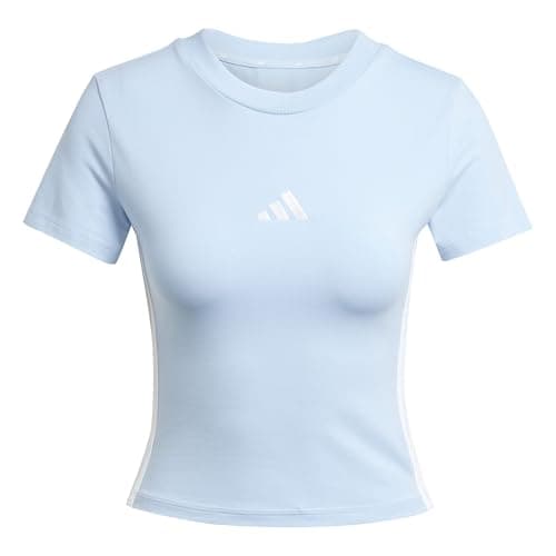 Image of adidas Women's Essentials 3 Stripes Slim Baby T-Shirt, Glow Blue/White, L