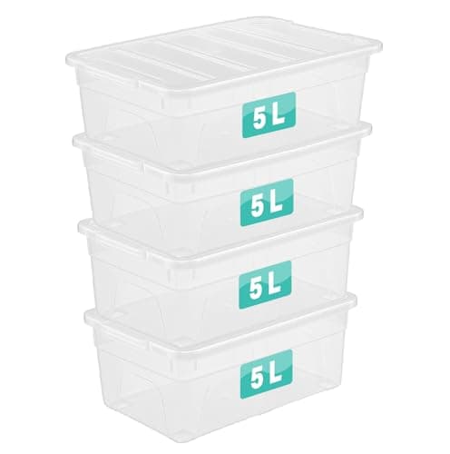 Image of Optimal Products 4 x 5 Litre Storage Boxes With Lids Set of 4, Clear Multipurpose Nestable Stackable Plastic Storage Box With Lid Clear Containers For Home, Kitchen, Garage, Office, Accessories