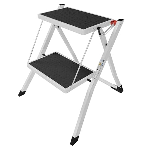 Image of Home Vida 2 Step Ladder Compact, Heavy Duty Steel, Portable Folding, Anti-Slip Mat, Home, Kitchen, DIY, Gardening Step Ladder, 150kg Max Capacity