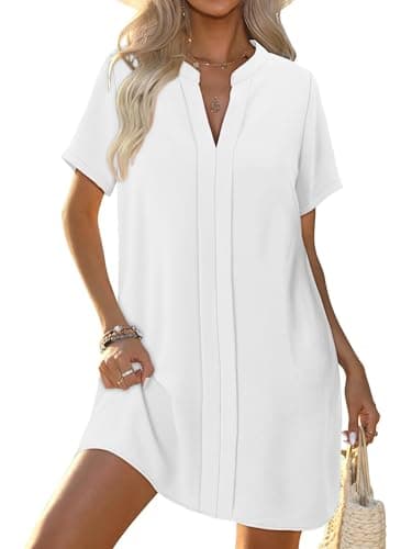 Image of KISSMODA Ladies Flowy Casual Shift Dress V Neck Short Sleeve Elegant Midi Shirts Dresses Trendy Summer Vacation Dress UK C White