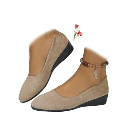Image of Women's Lightweight Leather Shoes, Women's Comfort Arch Support Wedge Slip-On Shoes Ladies Low Heel Work Ballerina Loafer Shoes (Khaki,6)