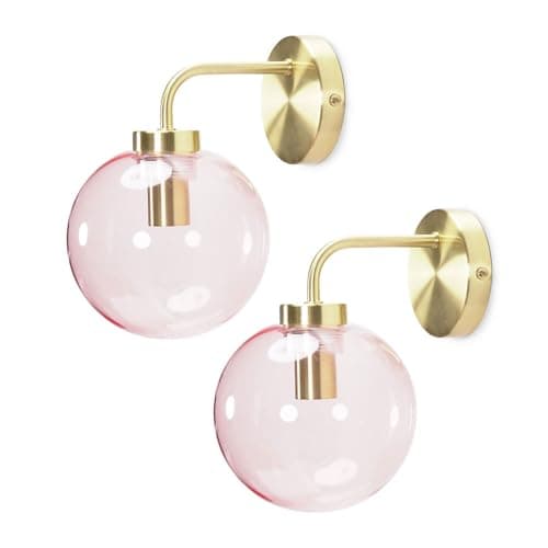 Image of ValueLights | Brushed Gold Metal Stem Wall Light with Pink Tinted Glass Globe Shade | Wall Lamps & Sconces, Home Décor & Improvement Essential | Pair of 2 | Mains Wired