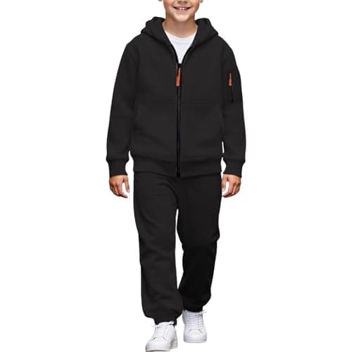 Image of Kids Boys 2 Piece Tracksuit Full Set Long Sleeve Zip Up Hoodie Jacket Top and Sweatpant Jogging Pants Joggers Trouser Bottoms Toddler Boys Running Walking Hiking Gym Sweatsuit (Black, 14-15 Years)