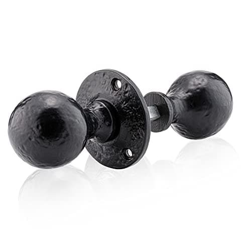 Image of XFORT Smithy's Range Ball Shaped Rim Knob Black Antique, Traditional Rustic Round Rim Door Knob, for Use with Rim Sashlocks, Ideal for Wooden Barn, Gate and Shed Doors.