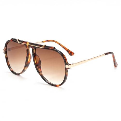 Image of Comforso Oversized 70s Retro Aviator Sunglasses for Women Men,Vintage Gold Metal Frame Square Sunglasses,Trendy 90s Style Tangle-Free Design (Tortoise Frame - Gradient Brown)