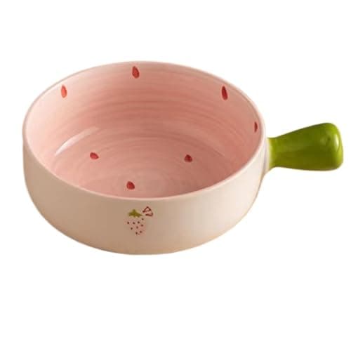 Image of Strawberry Bowl Ceramic Plate Set Cute Tableware Rice Soup Rectangular Round Double Handle Mug Spoon Sauce Large Two Handles Air Fryer Dumpling (Handle Bowl)