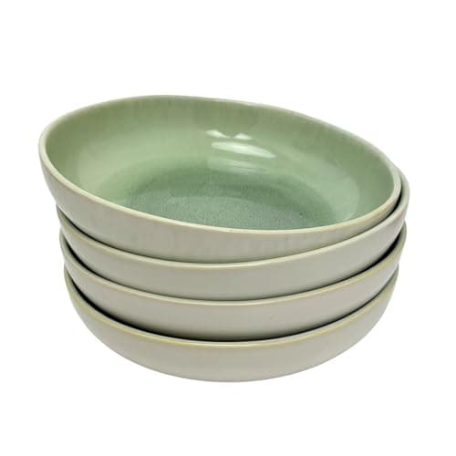 Image of Carousel Home Set of 4 Green Stoneware Deep Plates, 22cm Reactive Glaze Pasta Bowls, Shallow Kitchen Dishes