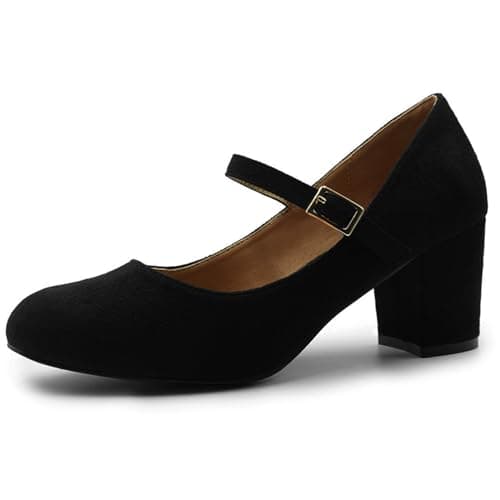 Image of Womens Mid Block Heels Mary Jane Ankle Strap Court Shoes Ladies Comfort Work Pumps Formal Smart Office Low Heeled Strappy Slip On Dolly Shoes Black Faux Suede