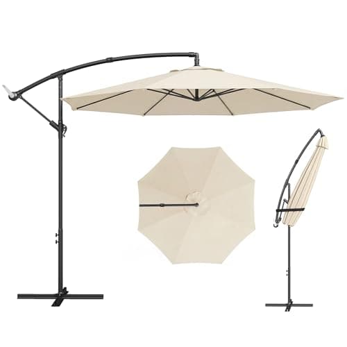 Image of Outsunny 3(m) Garden Banana Parasol Hanging Cantilever Umbrella with Crank Handle, 8 Ribs and Cross Base for Outdoor, Sun Shade, Cream White