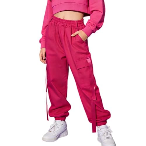 Image of Rolanko Girls Hip Hop Trousers Kids Cargo Pants Elasticated Jogger for Streetwear Dance, Rose, Size: 170, 13-15 Years