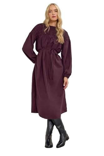 Image of Long Tall Sally - LTS Tall Burgundy Red Shirred Long Sleeve Midi Dress - Women's