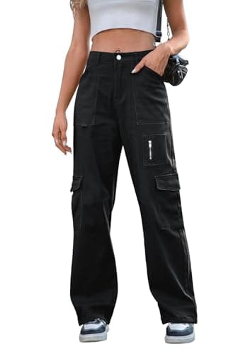 Image of IVIR Cargo Pants Women High Waist Wide Leg Casual Pants with 7 Pockets Stretchy Drawstring Baggy Y2K Trousers Black M