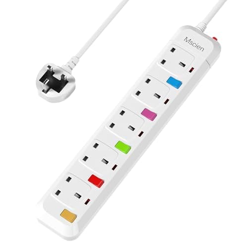 Image of Mscien 4M Extension Lead with Switches, 5 Way Surge Protected Extension Lead, UK Wall Mount Power Strip with 4 Meter Extension Cord, 5 Gang Plug Extension Sockets Random Switch Color 2500W