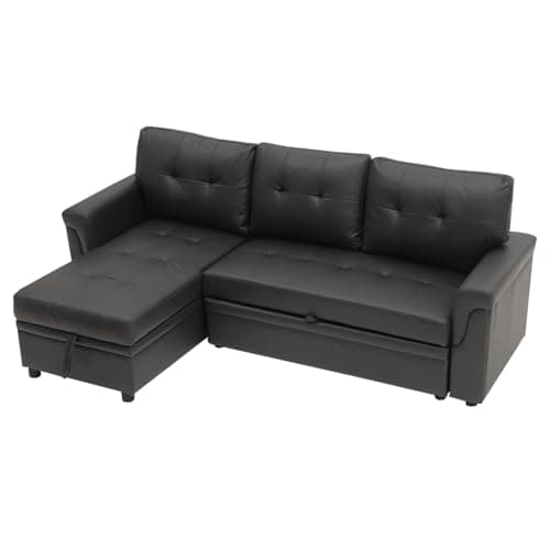 Image of Panana 3 Seater Corner Sofa Bed with Storage, Universal Pull Out SofaBed, Left or Right Side Storage Chaise Couch Sectional Sofa (Black faux Leather)
