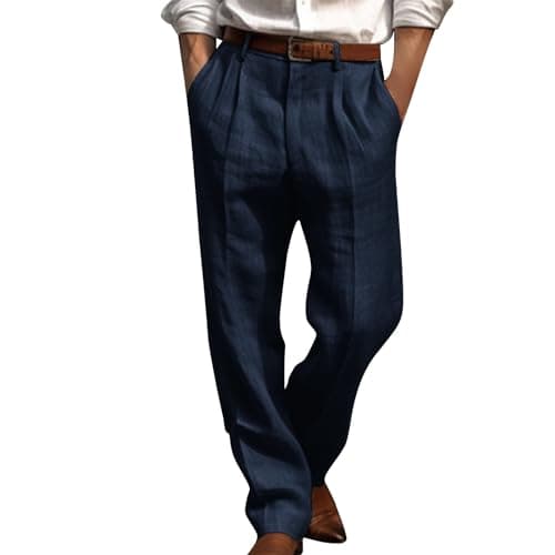 Image of 2024 Men's Pants Double Pleated Trousers Front Pockets Casual Straight Solid Color Relaxed Fit Loose Casual Slim Stretch Chino Linen Cotton Jogging Drawstring Elasticated Waist Autumn Winter UK Navy