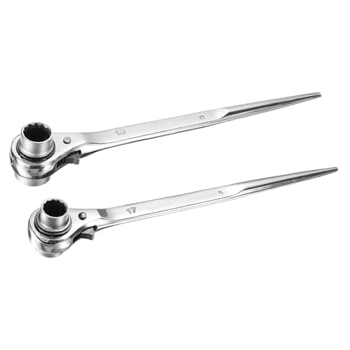 Image of sourcing map 19 x 22mm & 17 x 19mm 12-Point Scaffold Podger Ratchet Spanner Ratcheting Socket Wrench Tool (Silver Tone)