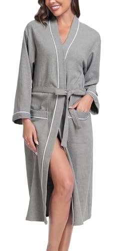 Image of Vlazom Waffle Dressing Gowns Unisex Kimono Robe Cotton Lightweight Bathrobe for All Seasons Spa Hotel Sleepwear, Grey, L