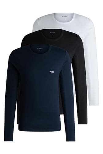 Image of BOSS Mens Long Sleeve Logo T-Shirt 3 Pack Cotton White/Navy/Black 990 M