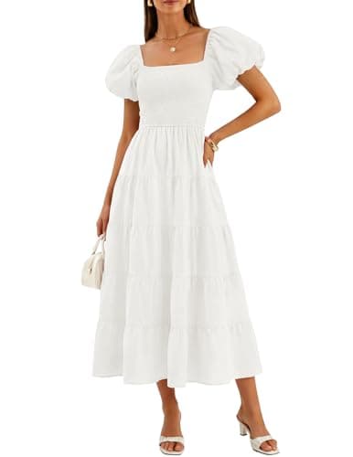 Image of ZESICA Women's Summer Square Neck Short Puff Sleeve Solid Color High Waist Casual Smocked Flowy A Line Tiered Midi Dress, White, Small