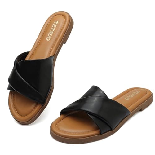 Image of TETSUO Women's Dressy Flat Sandals Open Toe Slip On Black Slide Sandals Comfort Strappy Slippers for Summer Ladies Sandals