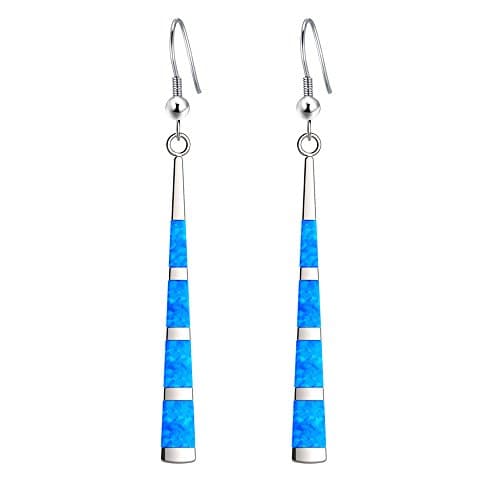 Image of 925 Sterling Silver with Simple Classic Long Stripe Blue Green Fire Opal Inlay Drop Earrings for Women and Girls