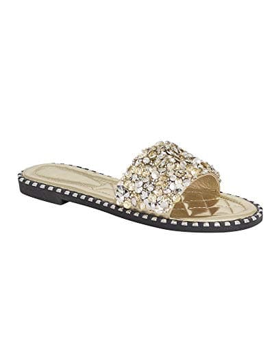 Image of shelikes Women’s Diamante Flat Sandals Sparkly Open Toe Slip On Summer Slider for Beach Party Holiday & Casual Wear