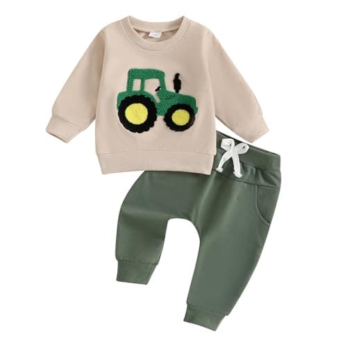 Image of PanLidapan Baby Boy Fall Clothes Toddler Outfits Tractor Embroidery Sweatshirt Jumpers Tops Jogger Pants Trousers Set 2Pcs Winter Tracksuit (Apricot, 18-24 Months)